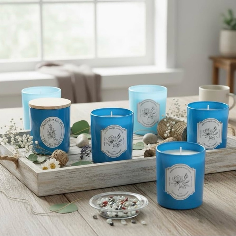 12Pcs Assorted Blue Glass Candle Jars with Wooden Lids for Making Candles - Picture 3 of 8